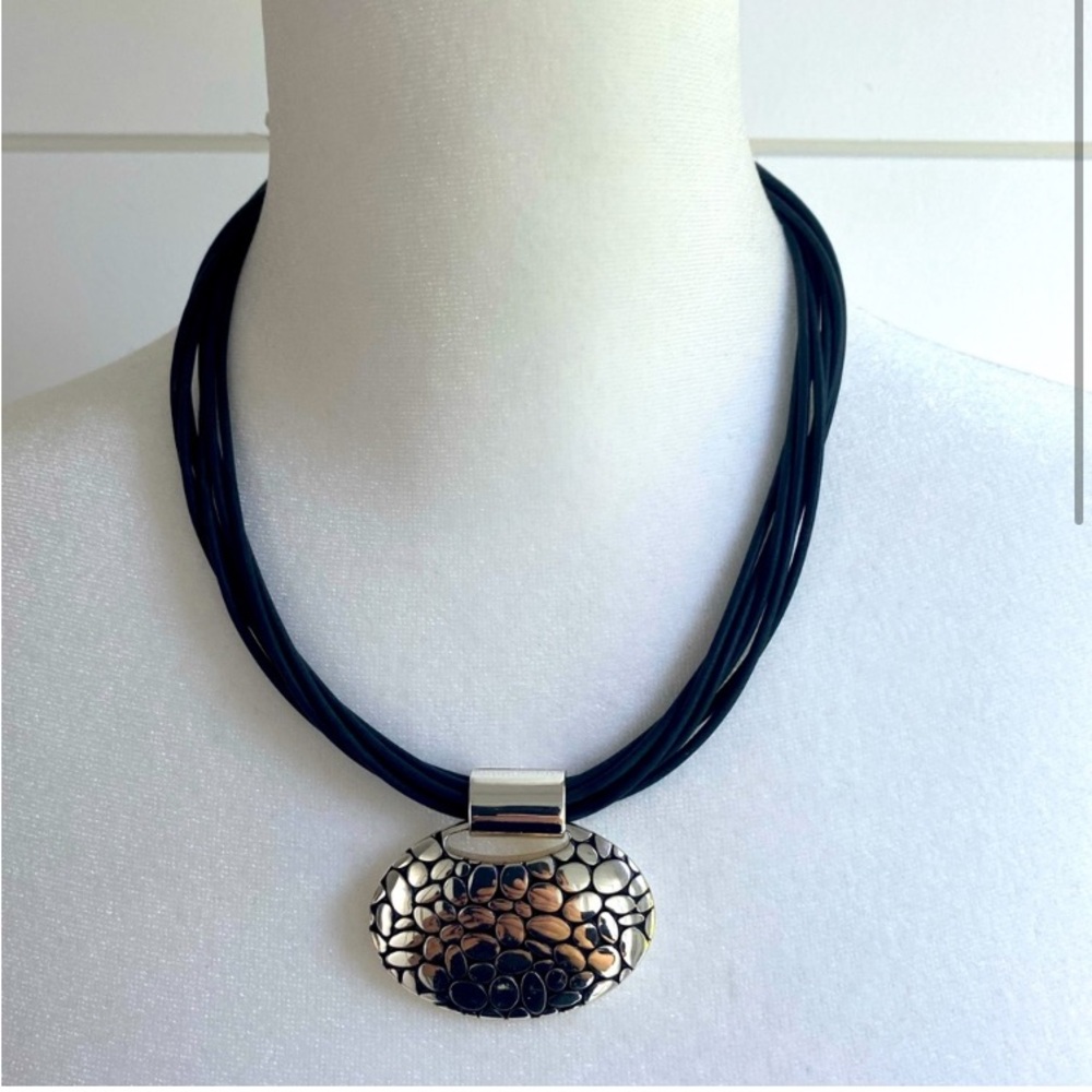 Black Corded Statement Necklace Textured Silver Drop Pendant Goth Western Grunge